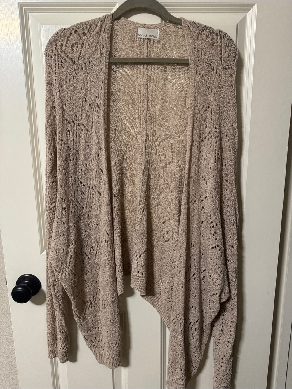 BE COOL Open-Front Taupe Crochet Knit Cardigan
